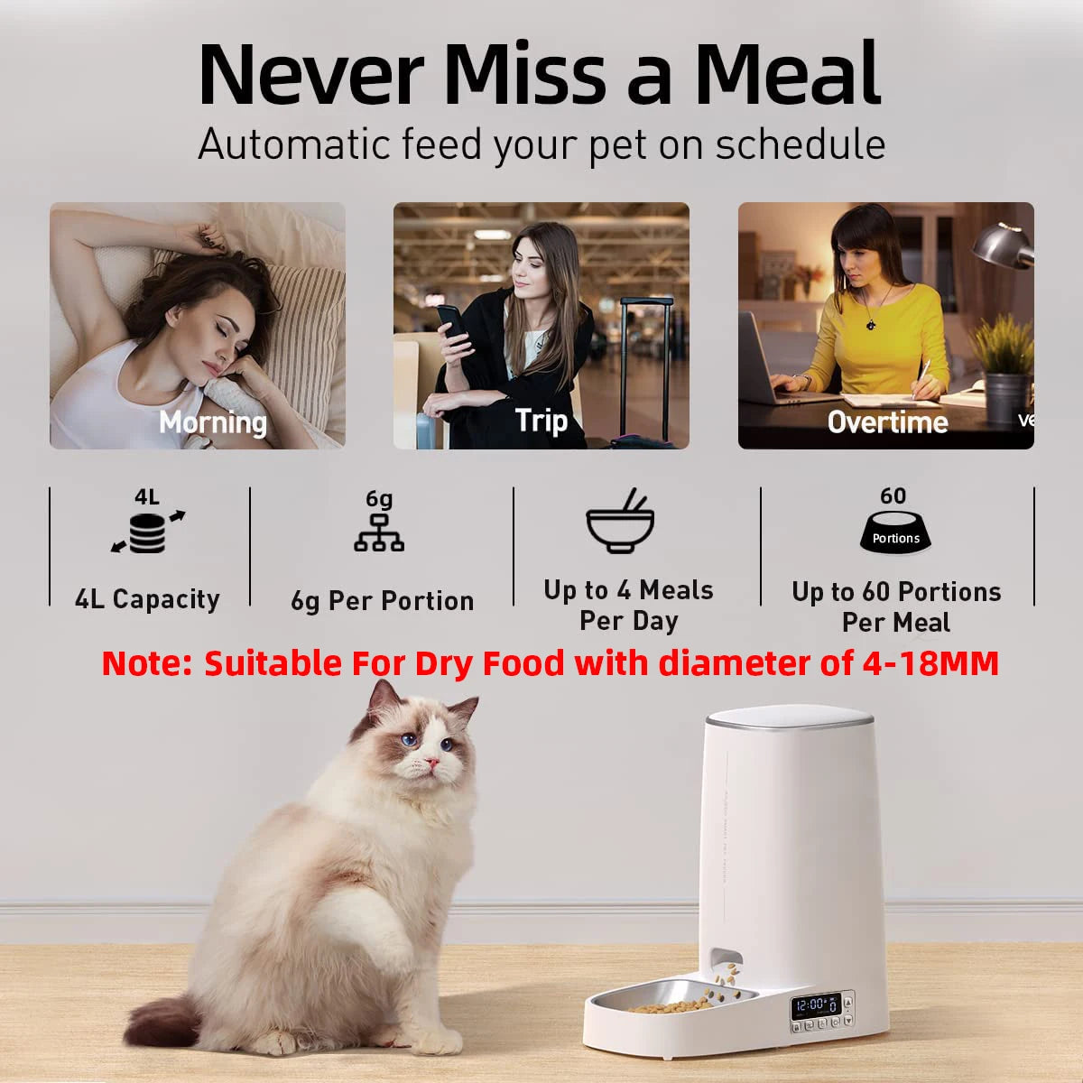 4L Automatic Cat & Dog Feeder – Smart Programmable Kibble Dispenser with LCD Screen, 6 Meals Daily, Battery & USB Power, Button Control